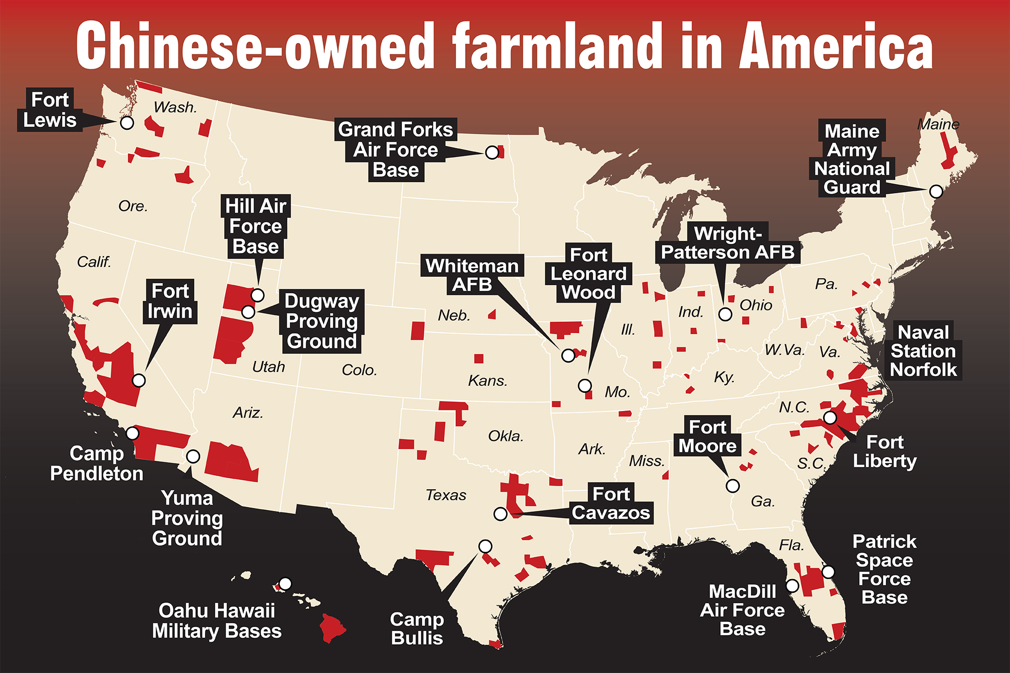 Map shows Chinese-owned farmland next to 19 US military bases in 'alarming'  threat to national security: experts | AllSides